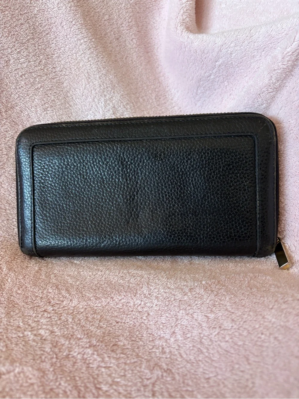 Tory Burch Black Pebbled Leather Zip Wallet with Gold Logo